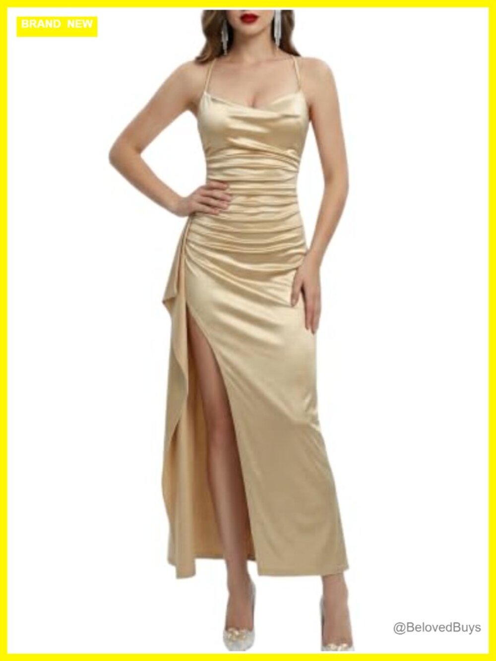 Satin Ruched Maxi Bodycon Dress Spaghetti Strap Slit Cocktail Party Gown